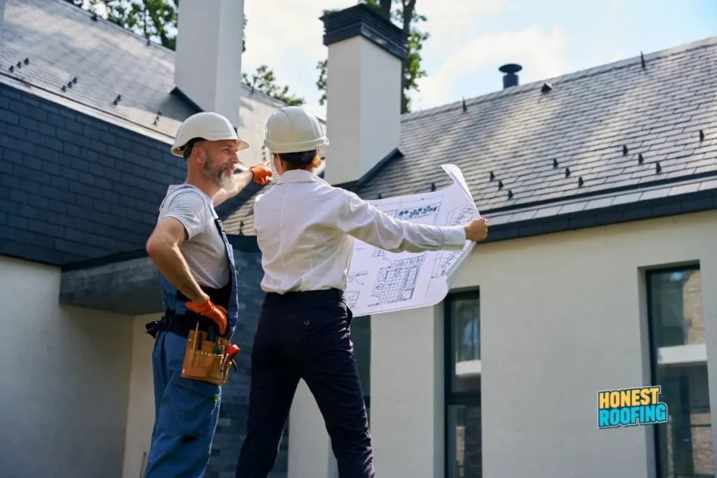 How to choose a roofing company PA — two roofing contractors reviewing project plans outside a residential home with slate roof