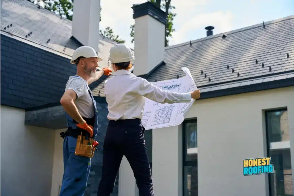 Roofing contractor reviewing plans with a homeowner searching for a roofing company near me in Pennsylvania