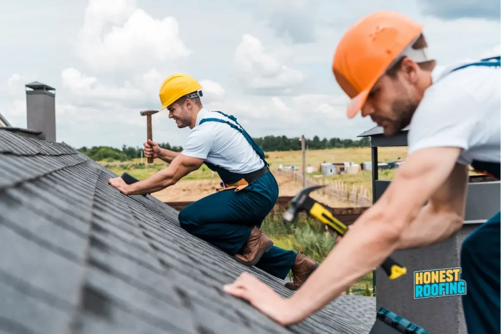 Roofing crew installing new shingles during a roof replacement in Pennsylvania