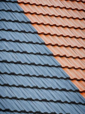 An abstract view of an orange and blue tiled roof showing geometric patterns and textures.
