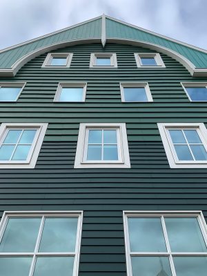 Low-angle view of a green building facade in Zaandam, Netherlands, showcasing modern Dutch architecture.